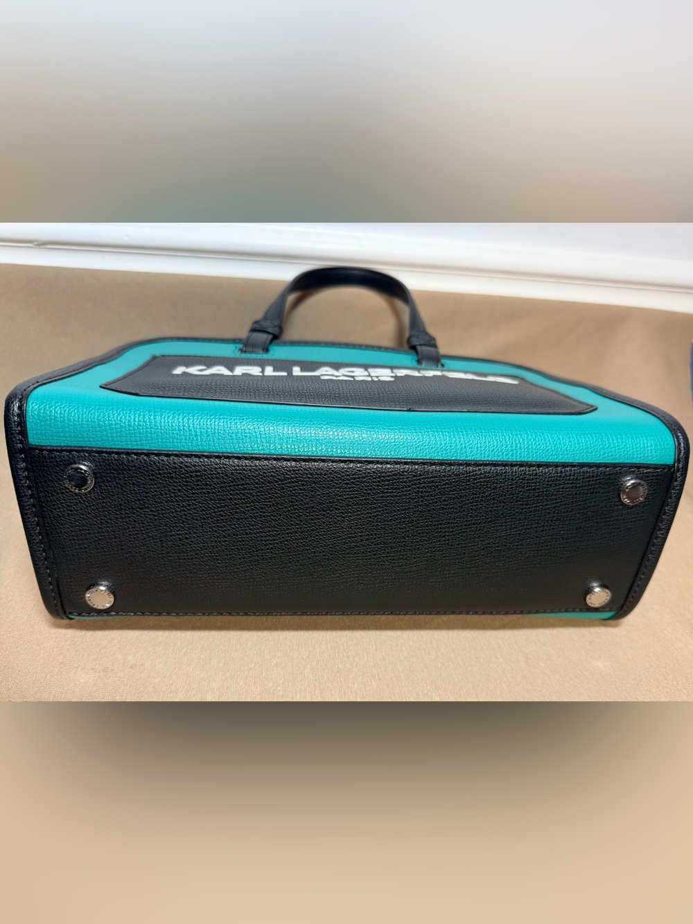 Karl Lagerfeld Black & Teal Logo Satchel Bag - Picture 6 of 9